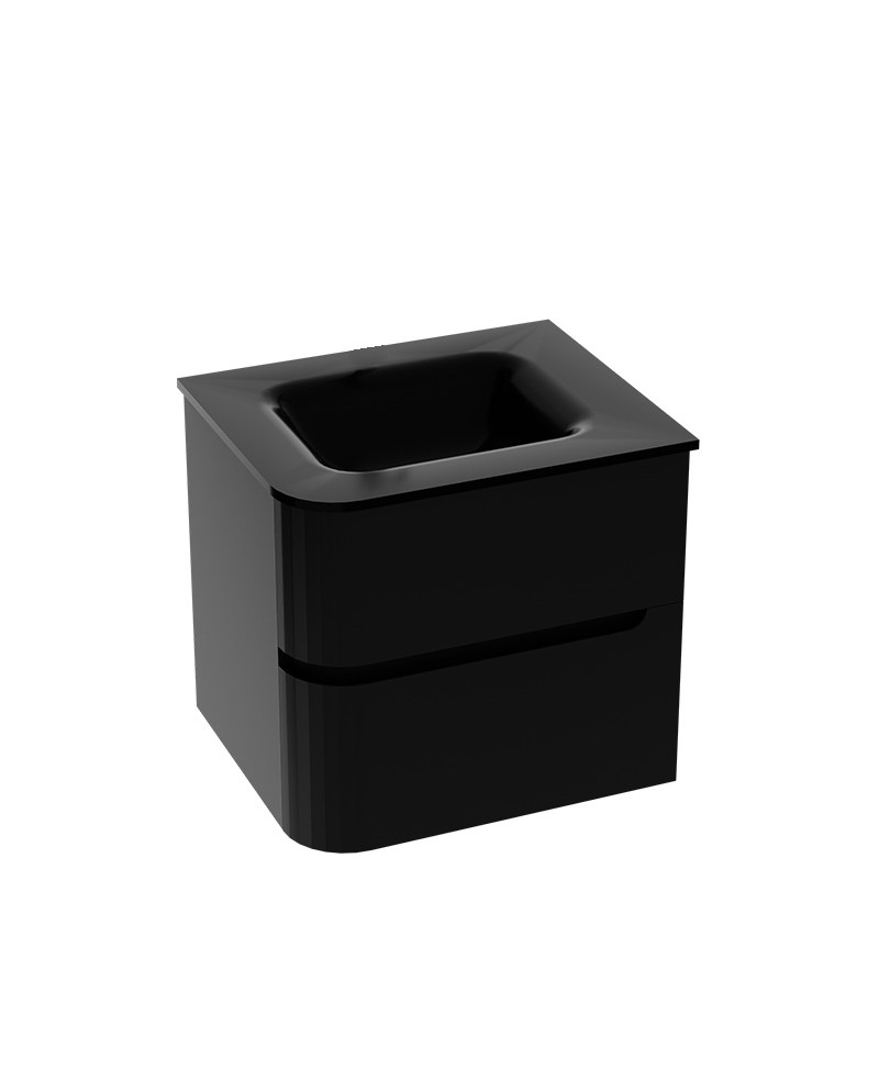 Lavita Atlanta 600: Black Cabinet & Glass WashBasin falra szerelt fürdőszobabútor szett (szekrény + mosdó) – fekete